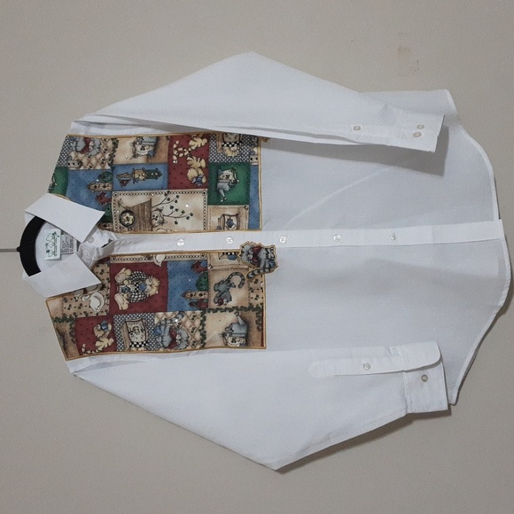 Quacker Factory Cata Kitty Women White Shirt with Multicolor Patchwork M vintage - Picture 2 of 7